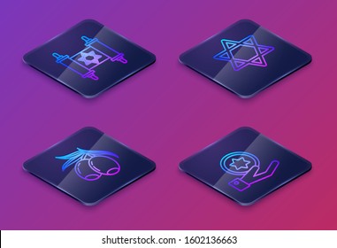 Set Isometric line Torah scroll, Olives branch, Star of David and Jewish coin on hand. Blue square button. Vector