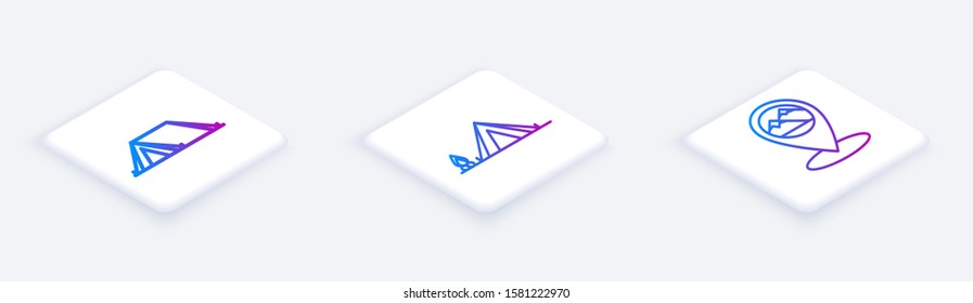 Set Isometric line Tourist tent, Tourist tent with wood fire and Map pointer with mountain. White square button. Vector