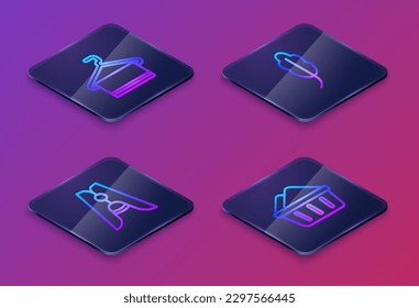 Set Isometric line Towel on hanger, Clothes pin, Feather and Basin with soap suds. Blue square button. Vector