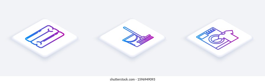 Set Isometric line Towel stack , Mop and bucket  and Washer and t-shirt . White square button. Vector