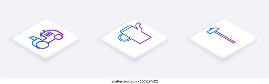 Set Isometric line Tractor, Watering can and Hammer. White square button. Vector
