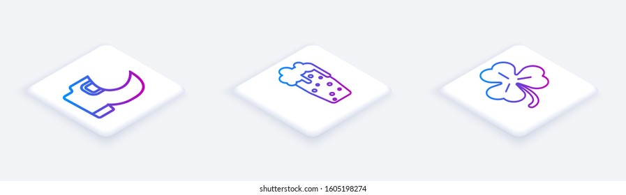 Set Isometric line Tradition leprechaun boots, Glass of beer and Four leaf clover. White square button. Vector