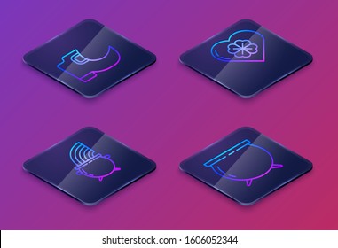 Set Isometric line Tradition leprechaun boots, Witch cauldron and rainbow, Heart with four leaf clover and Witch cauldron. Blue square button. Vector