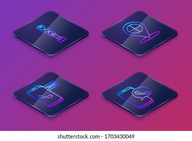 Set Isometric line Traffic light, Taxi call phone service, Mapa puntero con taxi y Taxi call phone service. Botón cuadrado azul. Vector