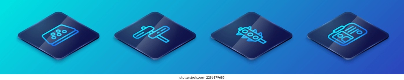 Set Isometric line Traffic light, Taxi car roof, driver license and Road traffic sign icon. Vector