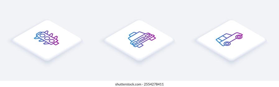 Set Isometric line Traffic light, Taxi car and Car. White square button. Vector