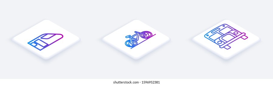 Set Isometric line Train, Bicycle and School Bus. White square button. Vector