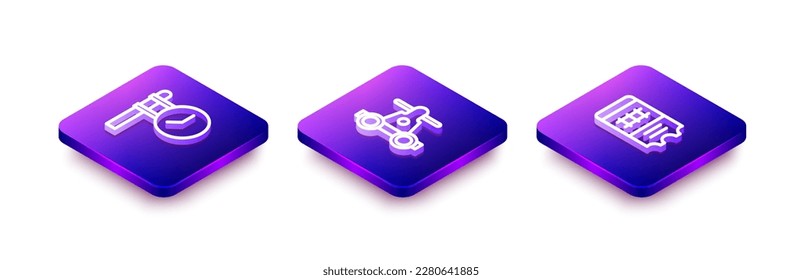 Set Isometric line Train station clock, Handcar transportation and ticket icon. Vector