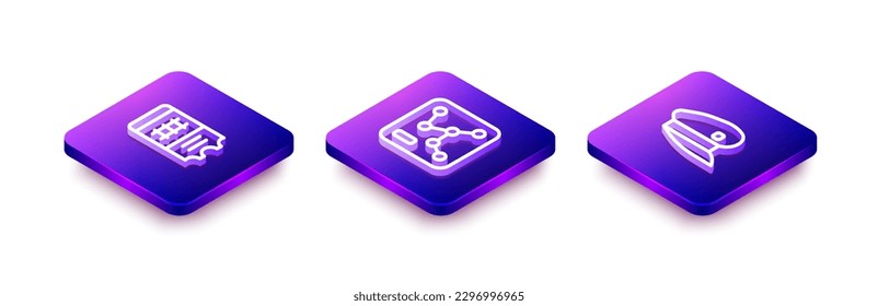 Set Isometric line Train ticket, Railway map and driver hat icon. Vector