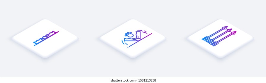Set Isometric line Trap hunting, Trap hunting and Hipster arrows. White square button. Vector