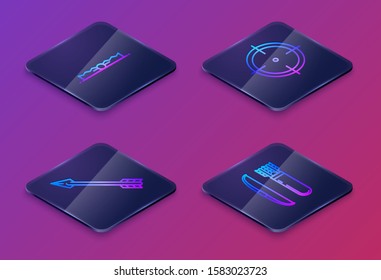 Set Isometric line Trap hunting, Hipster arrow, Target sport for shooting competition and Bow and arrow in quiver. Blue square button. Vector