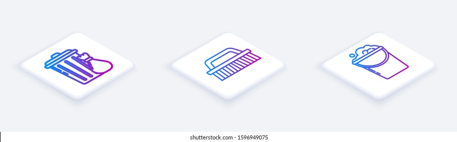 Set Isometric line Trash can and garbage bag , Brush for cleaning  and Bucket with foam and bubbles . White square button. Vector