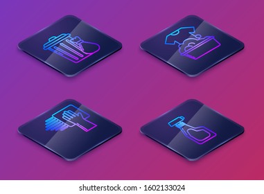 Set Isometric line Trash can and garbage bag , Cleaning service , Plastic basin with soap suds  and Cleaning spray bottle with detergent liquid . Blue square button. Vector