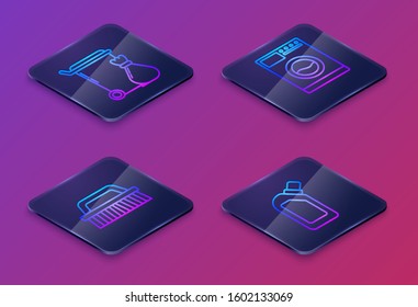 Set Isometric line Trash can , Brush for cleaning , Washer  and Plastic bottles for liquid dishwashing liquid. Blue square button. Vector