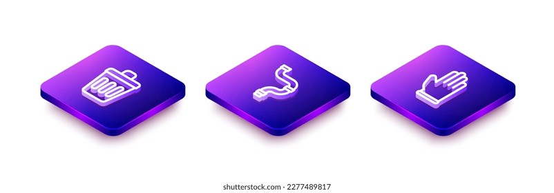 Set Isometric line Trash can, Industry metallic pipe and Rubber gloves icon. Vector