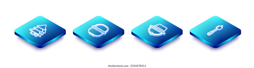 Set Isometric line Tree, Camping pot, hat and Marshmallow on stick icon. Vector
