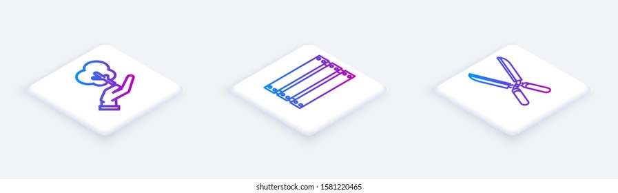 Set Isometric line Tree in hand of environmental protection, Wooden box and Gardening handmade scissors for trimming. White square button. Vector