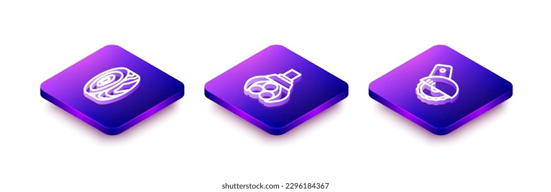 Set Isometric line Tree rings, Grapple crane grabbed a log and Electric circular saw icon. Vector