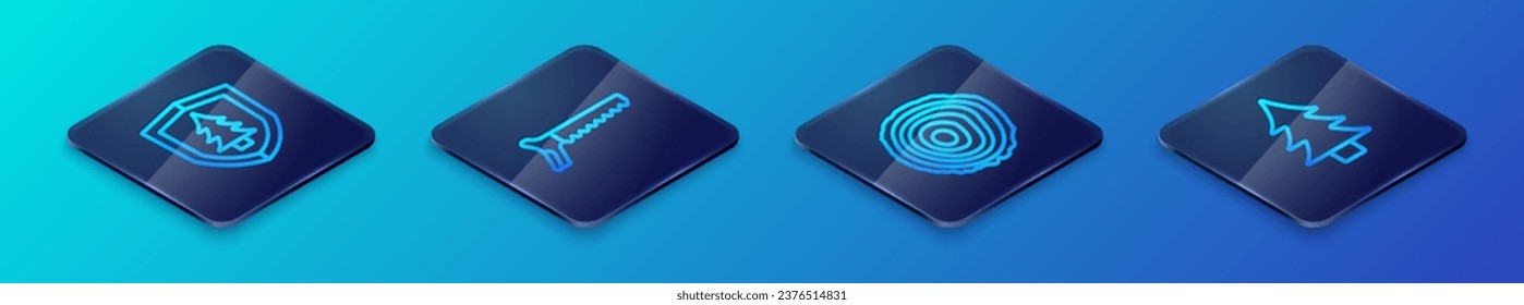 Set Isometric line Tree rings, Shield with tree,  and Hand saw icon. Vector