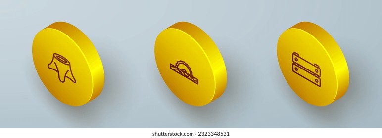 Set Isometric line Tree stump, Electric circular saw and Wooden box icon. Vector