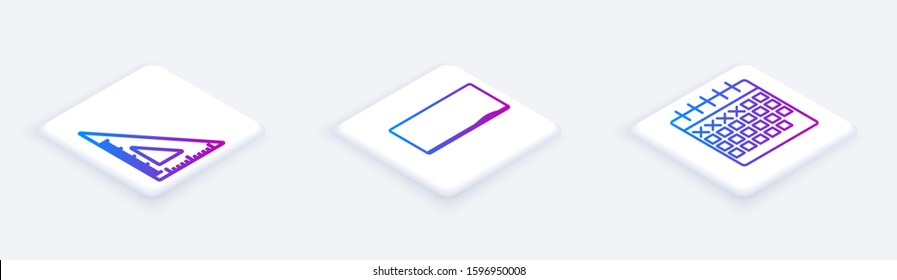Set Isometric line Triangular ruler, Chalkboard and Calendar. White square button. Vector