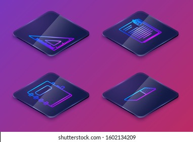 Set Isometric line Triangular ruler, Notebook, File document and paper clip and Eraser or rubber. Blue square button. Vector