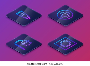 Set Isometric line Tube of toothpaste, Shower head, Cross hospital medical and Condom in package safe sex. Blue square button. Vector