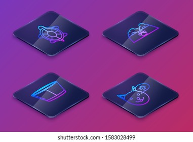 Set Isometric line Turtle, Protective cone collar, Pet food bowl for cat or dog and Veterinary clinic symbol. Blue square button. Vector