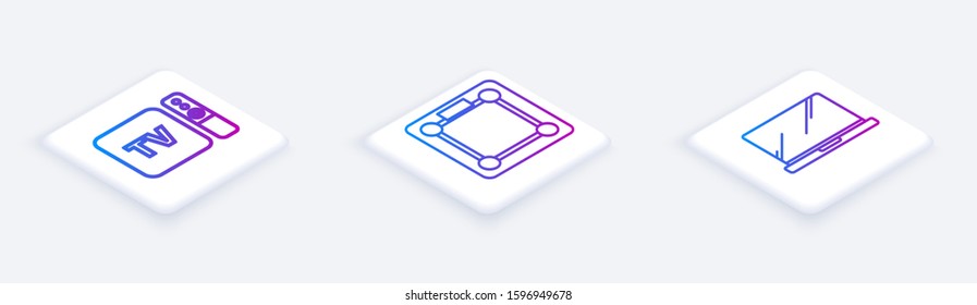 Set Isometric line TV box receiver and player with remote controller , Bathroom scales  and Laptop . White square button. Vector