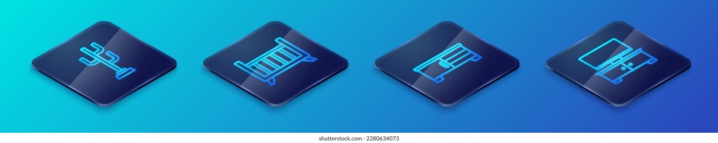 Indique el icono de la cama de la cuna de la cuna de la cuna de la línea isométrica del soporte de la mesa de TV, el escudo y la cuna. Vector