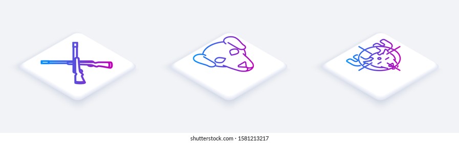 Set Isometric line Two crossed shotguns, Hunting dog and Hunt on moose with crosshairs. White square button. Vector