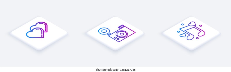 Set Isometric line Two Linked Hearts, Photo camera and Music note, tone with hearts. White square button. Vector