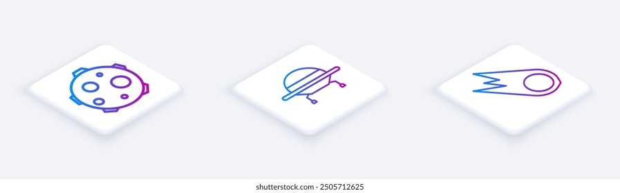 Set Isometric line UFO abducts cow, UFO flying spaceship and Comet falling down fast. White square button. Vector