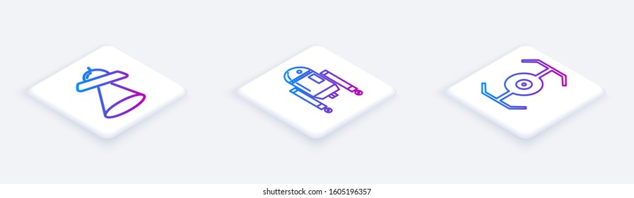 Set Isometric line UFO flying spaceship, Robot and Cosmic ship. White square button. Vector
