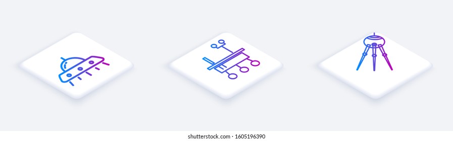 Set Isometric line UFO flying spaceship, Mars rover and Satellite. White square button. Vector