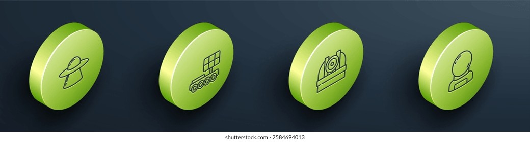 Set Isometric line UFO flying spaceship, Mars rover, Astronomical observatory and Astronaut helmet icon. Vector