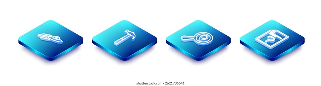 Conjunto de línea isométrica UFO nave espacial voladora y alienígena, martillo, ubicación de la Búsqueda e ícono de documento desconocido. Vector