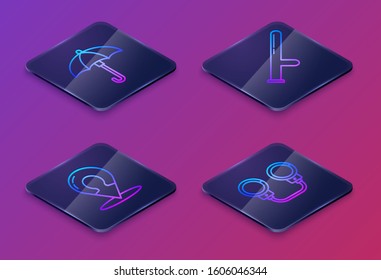 Set Isometric line Umbrella, Map marker with a silhouette of a person, Police rubber baton and Handcuffs. Blue square button. Vector