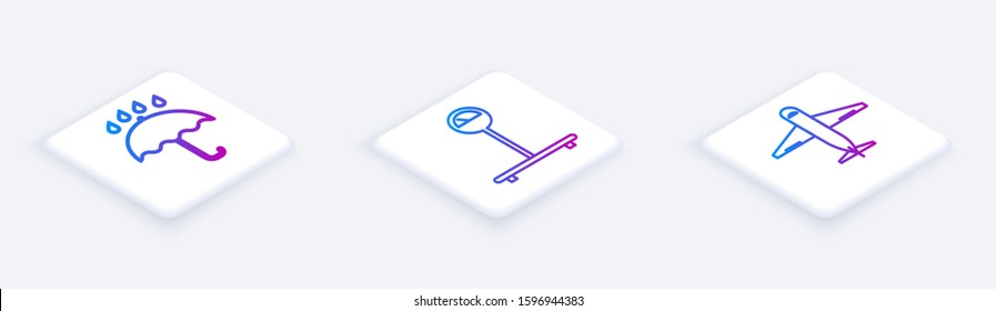 Set Isometric line Umbrella and rain drops , Scale  and Plane . White square button. Vector
