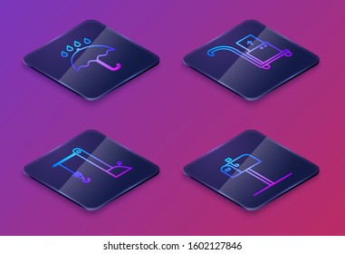Set Isometric line Umbrella and rain drops , Harbor port crane, Hand truck and boxes  and Open mail box . Blue square button. Vector