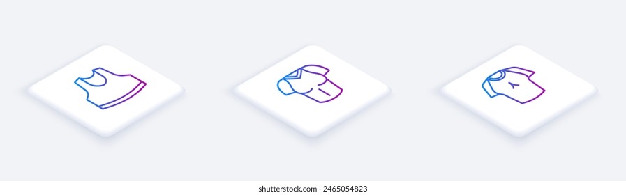 Set Isometric line Undershirt, T-shirt and . White square button. Vector