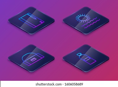 Set Isometric line Underwater note book and pencil, Case or box container for wobbler, Sun and waves and Aqualung. Blue square button. Vector