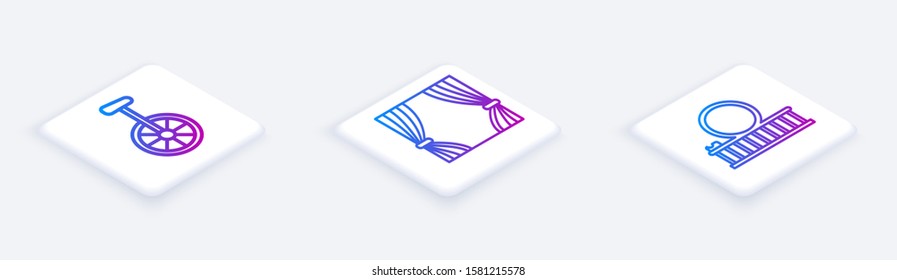 Set Isometric line Unicycle or one wheel bicycle, Curtain and Roller coaster. White square button. Vector