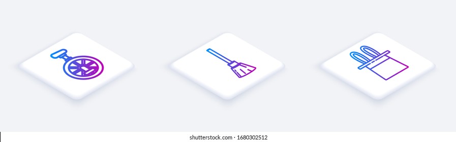 Set Isometric line Unicycle or one wheel bicycle, Witches broom and Magician hat and rabbit ears. White square button. Vector