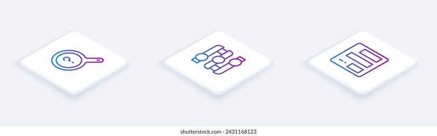 Set Isometric line Unknown search, Graph, chart, diagram and Pie infographic. White square button. Vector