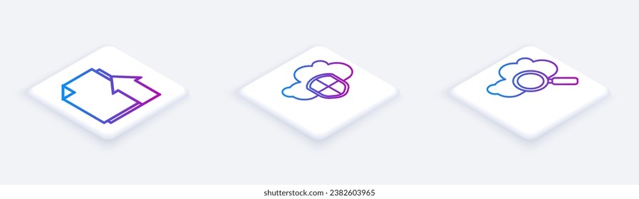 Set Isometric line Upload file document, Cloud and shield and Search cloud computing. White square button. Vector