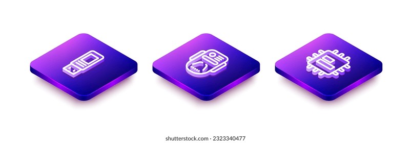 Establezca la unidad flash USB de línea isométrica, el robot de inteligencia artificial y el icono de CPU del procesador. Vector