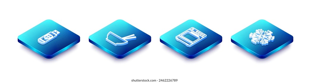 Set Isometric line USB flash drive and shield, Bowl with chopsticks, Oven and Snowflake icon. Vector