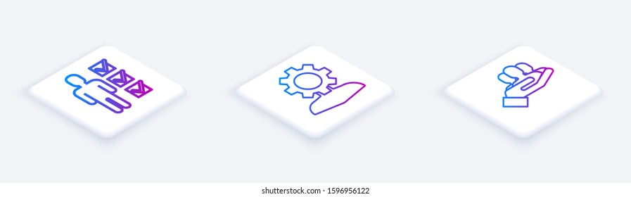 Set Isometric line User of man in business suit, Human with gear inside and Project team base. White square button. Vector