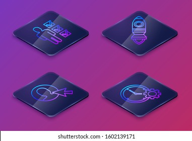 Set Isometric line User of man in business suit, User of man in business suit, Rocket ship with fire and Time Management. Blue square button. Vector